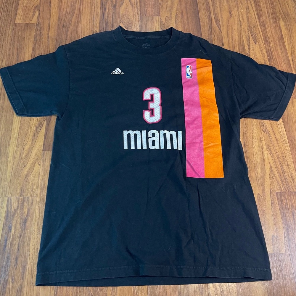 Adidas Miami Heat Dwyane Wade 3 T-Shirt Mens Large Black Vice Pink Orange NBA